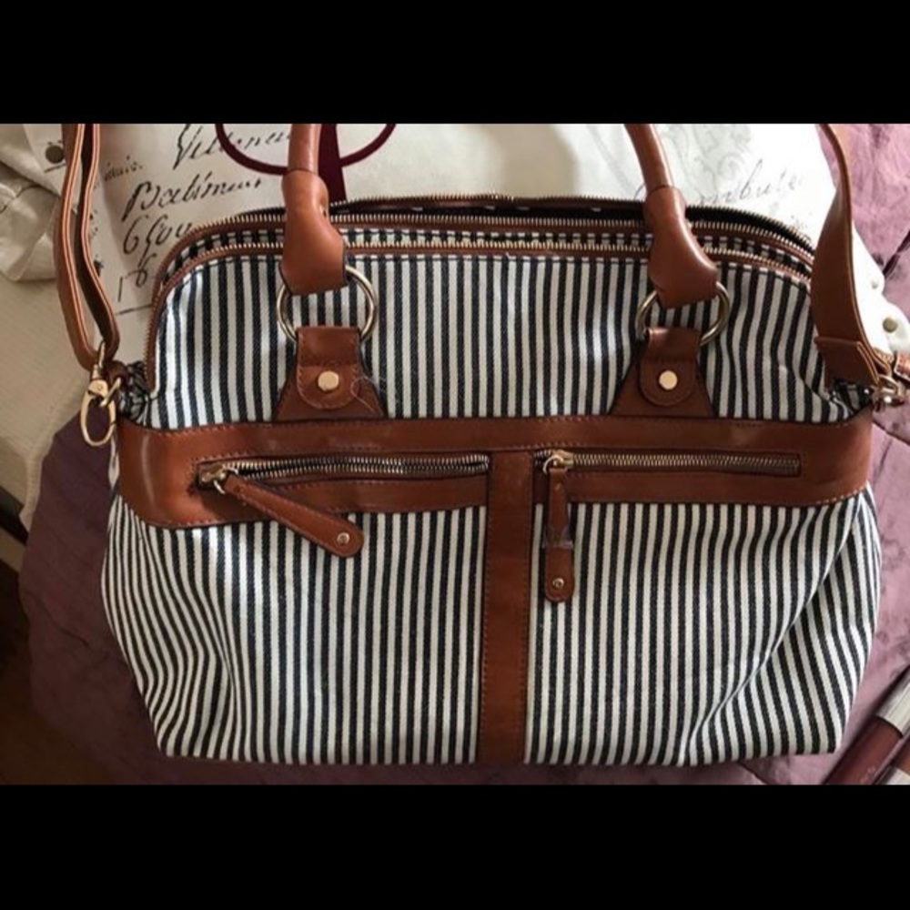 Tan and white pinstrip bag